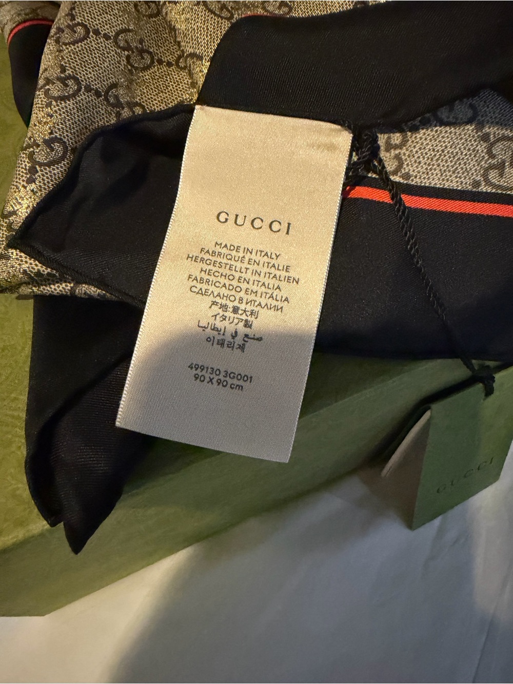 Gucci Black and Beige GG Monogram Silk Scarf with Red Stripe